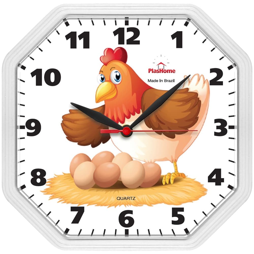 Relógio Gama Branco Galinha Oitavado Plashome Cozinha Sala Escritório