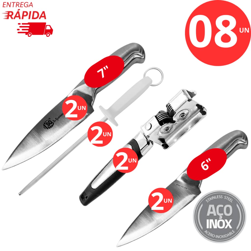 Kit 8 Peças Faca 6 e 7mm Chaira e Amolador de Faca Profissional Para Açougues Cozinhas Restaurantes