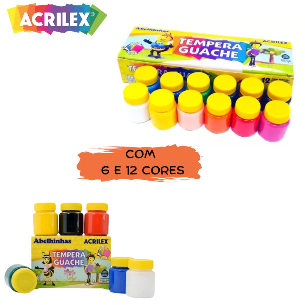 Tinta Guache 12 cores e 6 cores - Acrilex Material Escolar Tinta Colorida 15ml