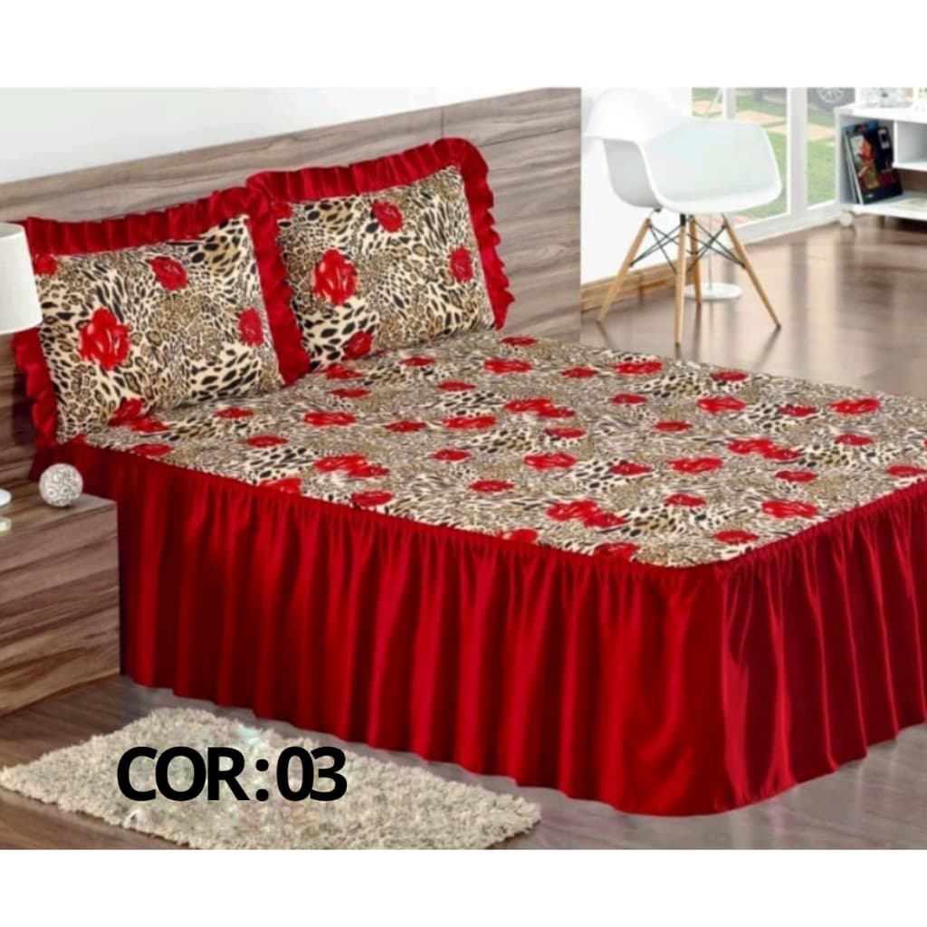 Colcha Casal Padrão com Babado 3 peças (2,50m x 2,40m)Várias Estampas Tecido Grosso Sarja