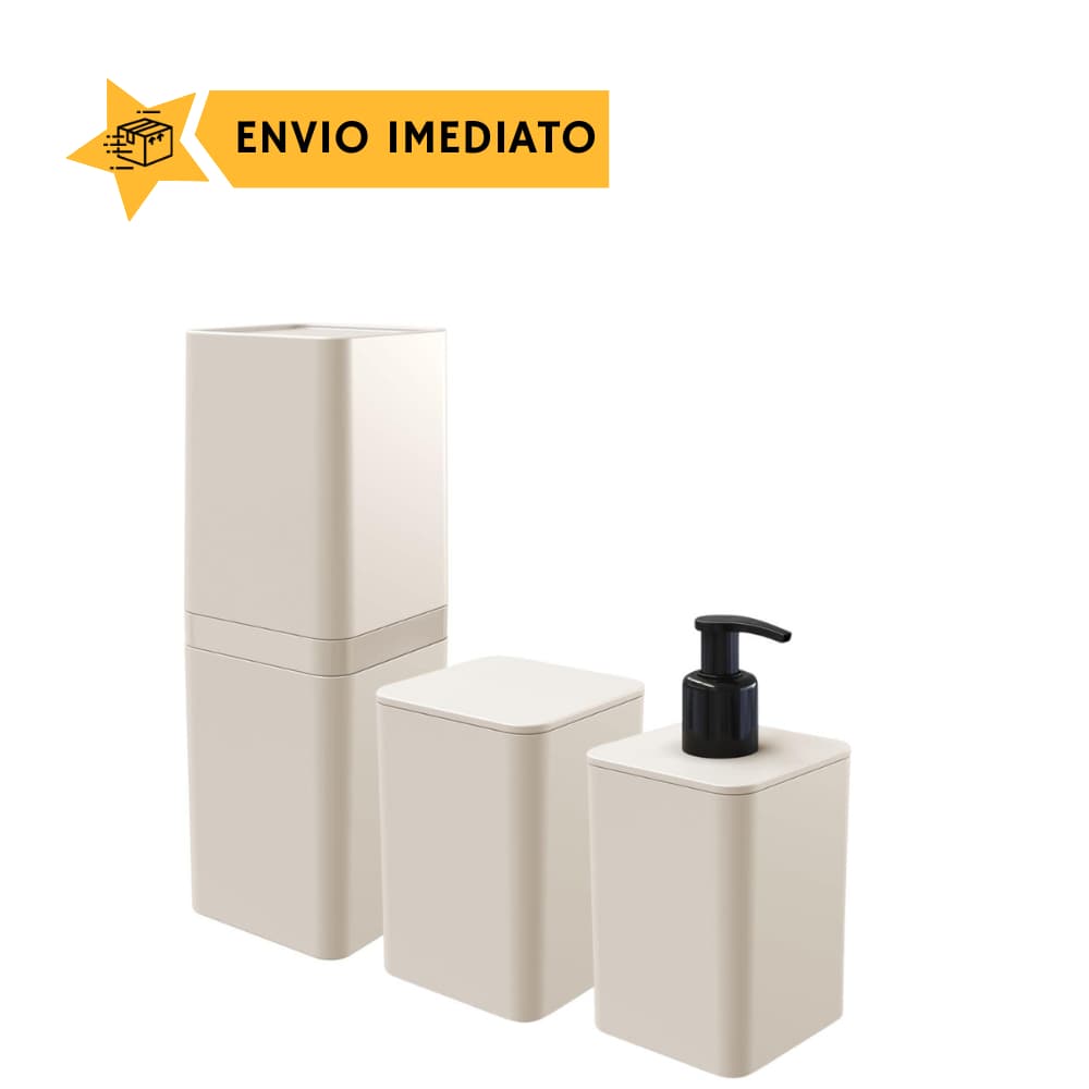 Kit Banheiro Dispenser Porta Escova E Algodao c/ Tampa Areia