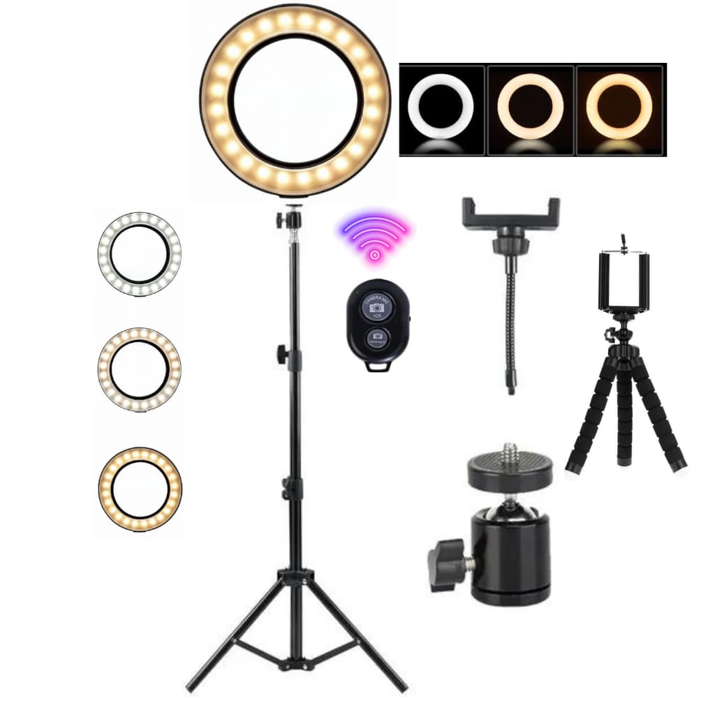 Kit Ring Light Profissional Led C/Tripe 2,10+Mini Tripé de Mesa Controle Remoto Bluetooth Studio