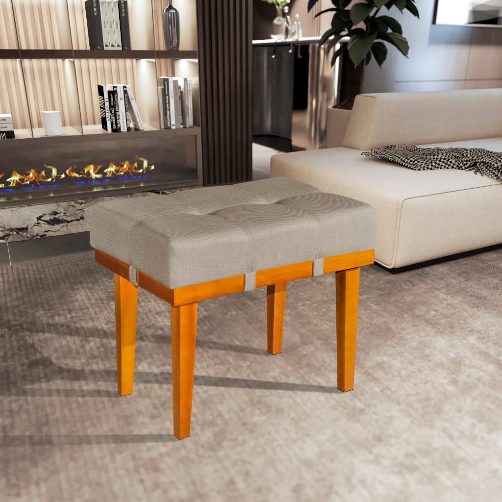 Puff Puf Banco Banqueta Lisboa Linho 60cm  Pé  Madeira Base Madeira Sala Quarto Recepção Espuma D23