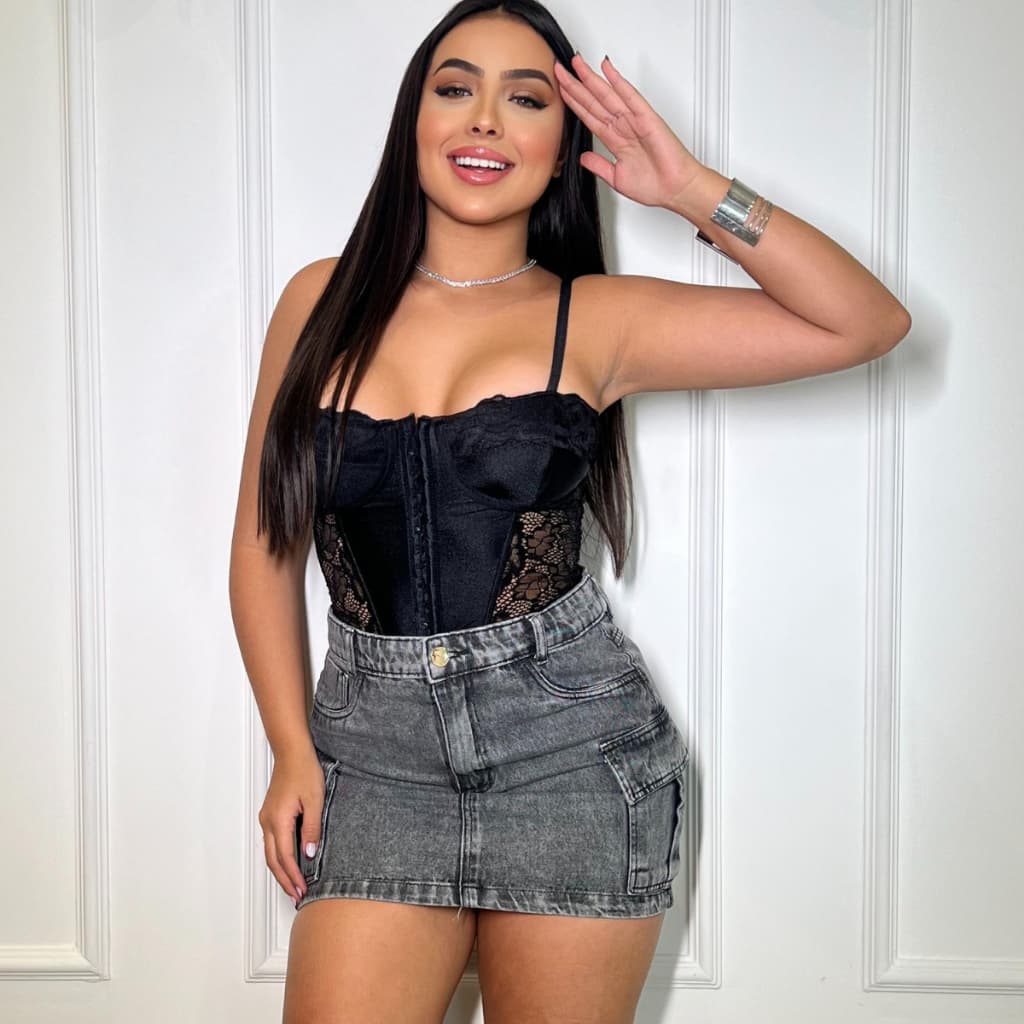 Saia Cargo Juvenil Infantil Jeans Curta Feminina Com Bolso Lateral Com Lycra Menina Criança