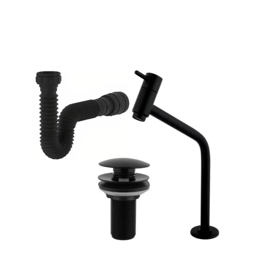 Kit de Banheiro em ABS Preto -Torneira Link , Válvula Click 7/8 e Sifão Flexível Sanfonado Universal