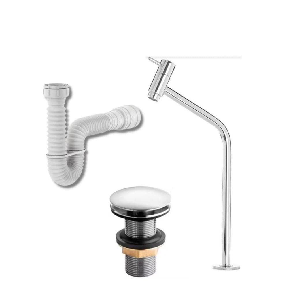 Kit de Banheiro em ABS Cromado-Torneira Link, Válvula Click 7/8 e Sifão Flexível Sanfonado Universal