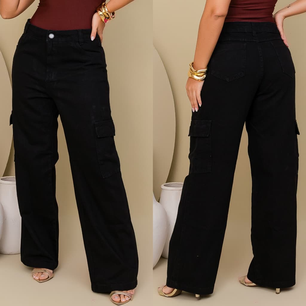 Calça Cargo Feminina Jeans Preto Com Bolsos Laterais  De Blogueira Wid Leg