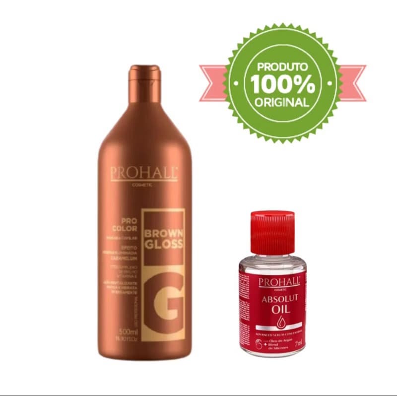 Máscara Prohall Matizadora Brown Gloss Efeito Morena Iluminada Caramelo 500ML + Óleo Reparador de Pontas 7ml (brinde)