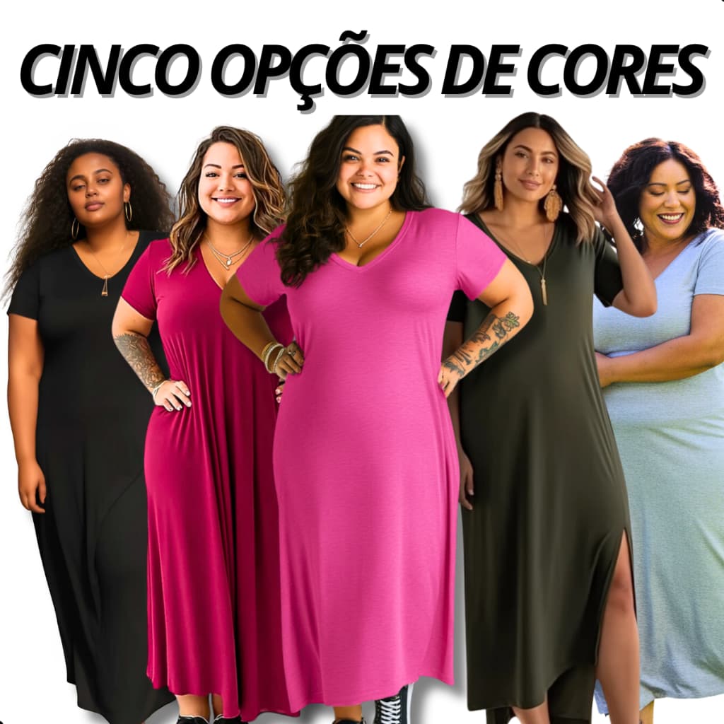 Kit Vestido Longo Feminino Plus Size Midi Saruel Fenda Lateral Liso Moda Gestante Soltinho Gola V