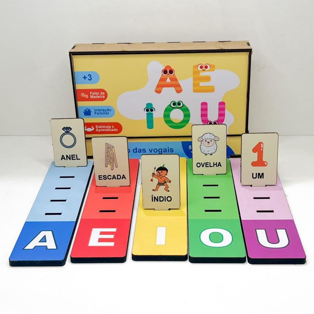 Jogo das Vogais em MDF - Pedagógico Montessori Pareamento Educativo AEIOU Alfabetização