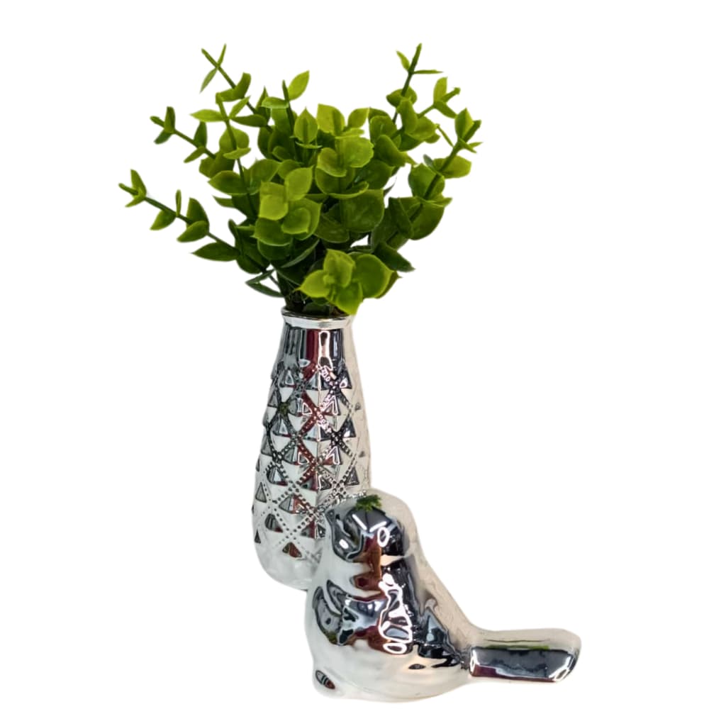 Conjunto Vasinho Vaso Cachepo Com Planta E Pássaro Decoração