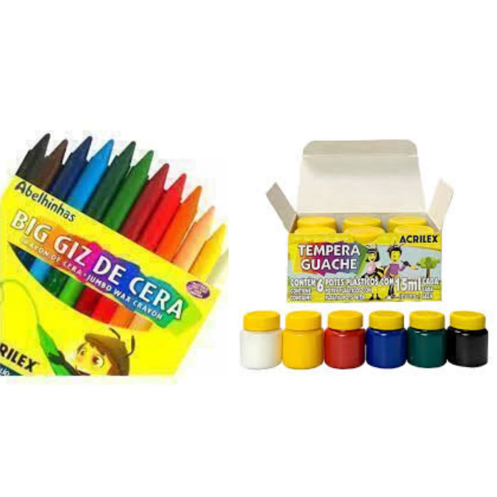 Kit Giz de Cera 12 Cores e Tinta Guache 6 Cores - Acrilex