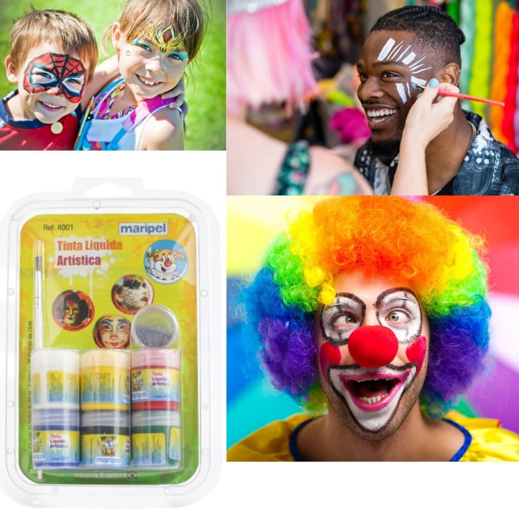 Kit Pintura Facial 06 Cores Maripel Lavável Não Tóxico Com Pincel e Pote Brilho Carnaval Artistas