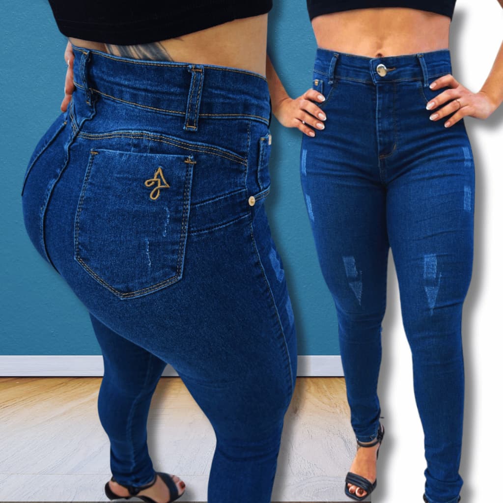Calça Feminina Skinny Puido Azul AJElastano Cintura Alta Efeito Levanta Bumbum