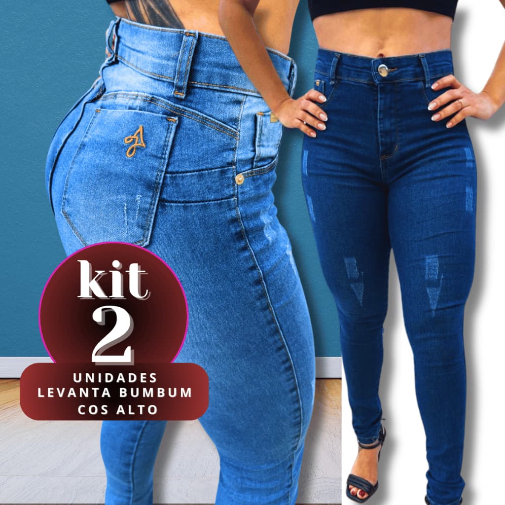 Kit 2 Calças Feminina Skinny Puido Azul e Clara AJ Elastano Cintura Alta Efeito Levanta Bumbum