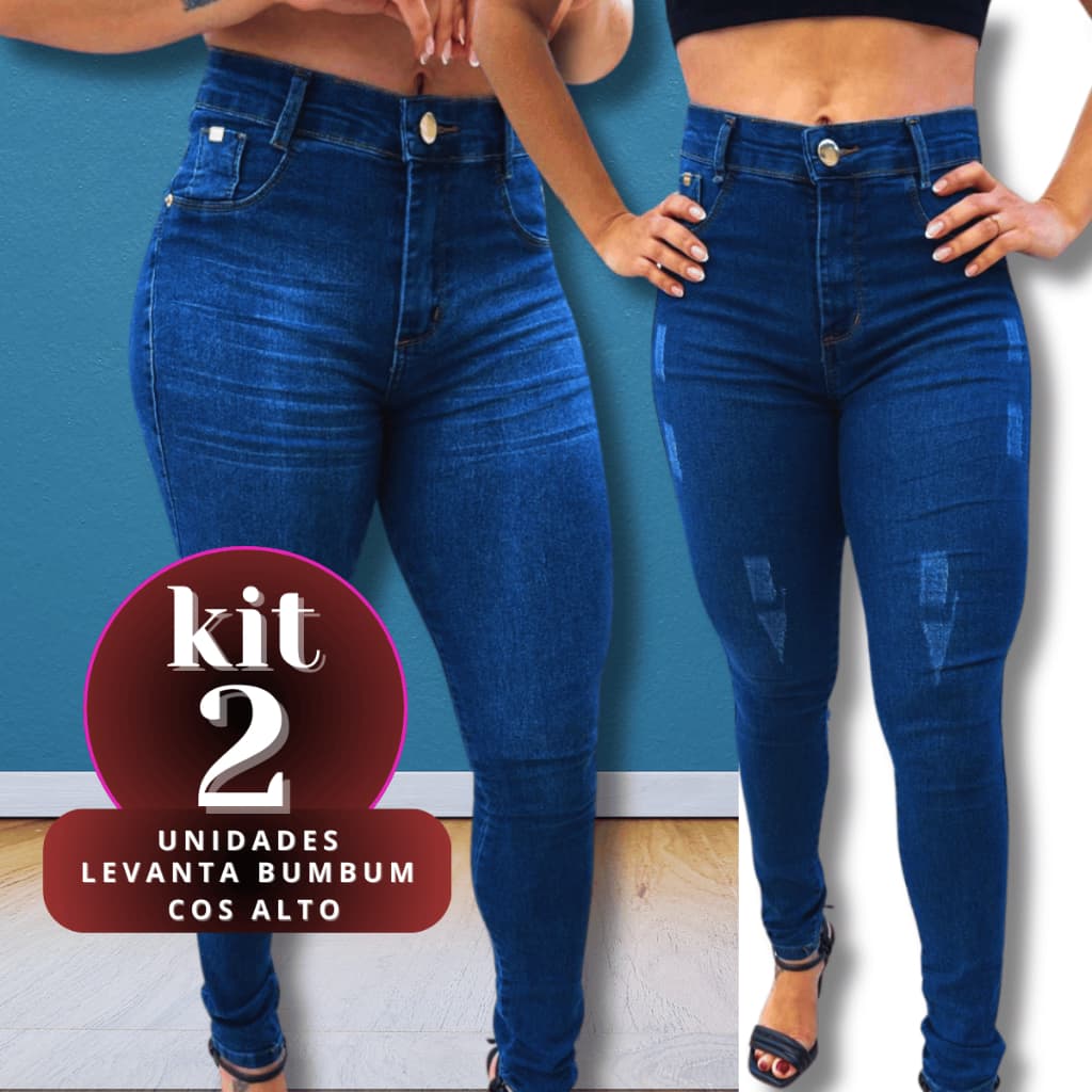 Kit 2 Calças Feminina Skinny Puido Azul e Bigode AJ Elastano Cintura Alta Efeito Levanta Bumbum