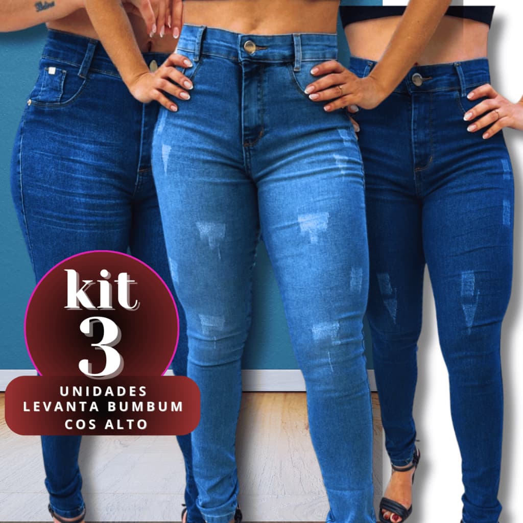 Kit 3 Calças Feminina Skinny Puido Bigode e Clara AJ Elastano Cintura Alta Efeito Levanta Bumbum