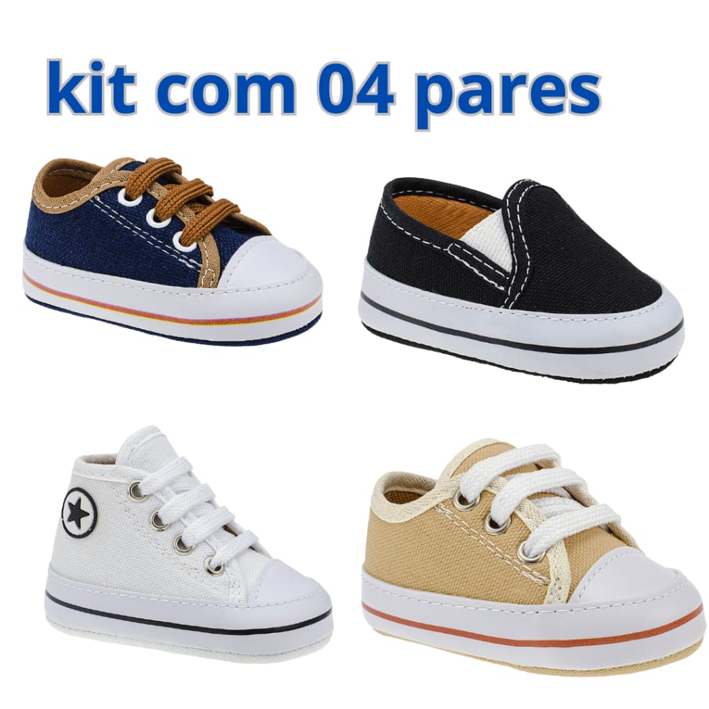 Sapatinho de bebê menino kit com 04 pares tênis macio e confortável
