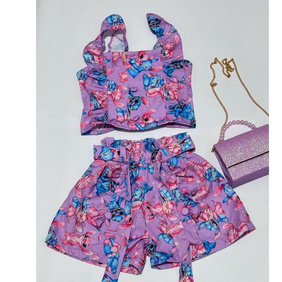 Conjunto Infantil Menina moda verão stitch fresquinho Roupa Infantil criança