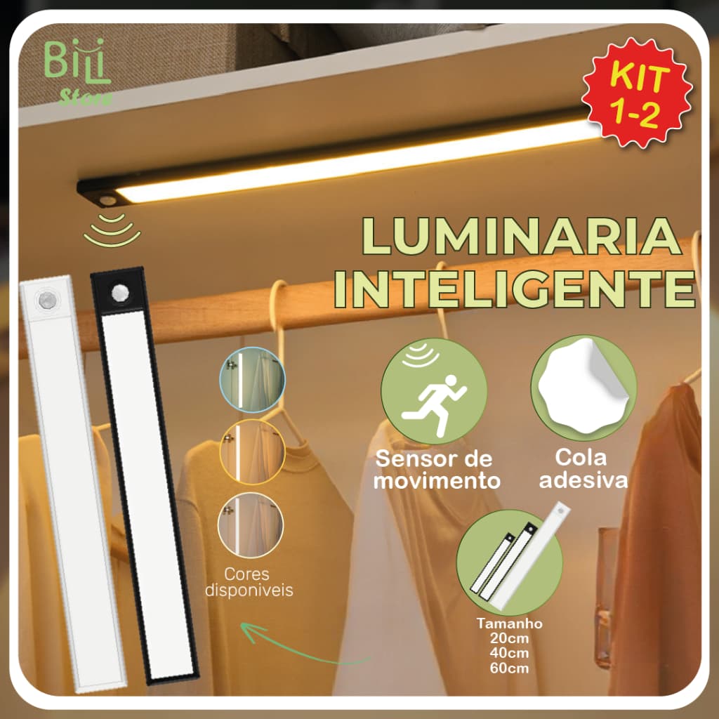 Smart Luminária Inteligente Ultra LED com sensor de movimento sem fio e Recarregável USB fino barra 20/40/60cm