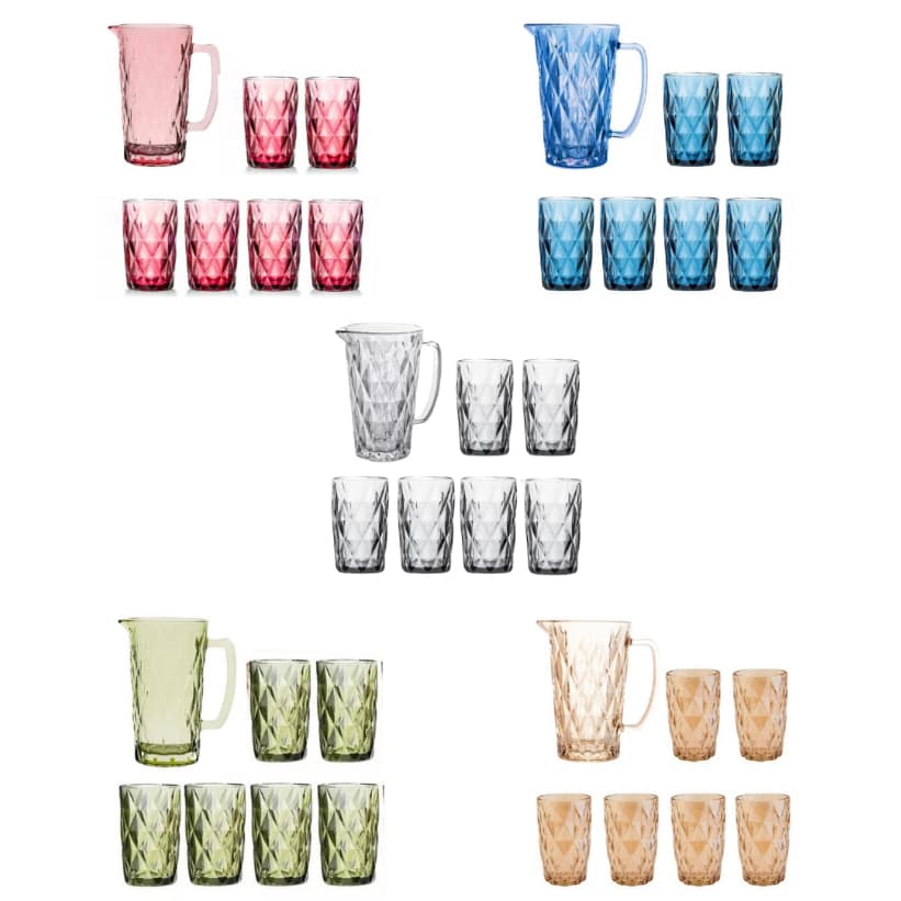 Kit 7 Peças 1 Jarra de Vidro 1 L + 6 Copos de 340ml Diamond cores, Água Suco...