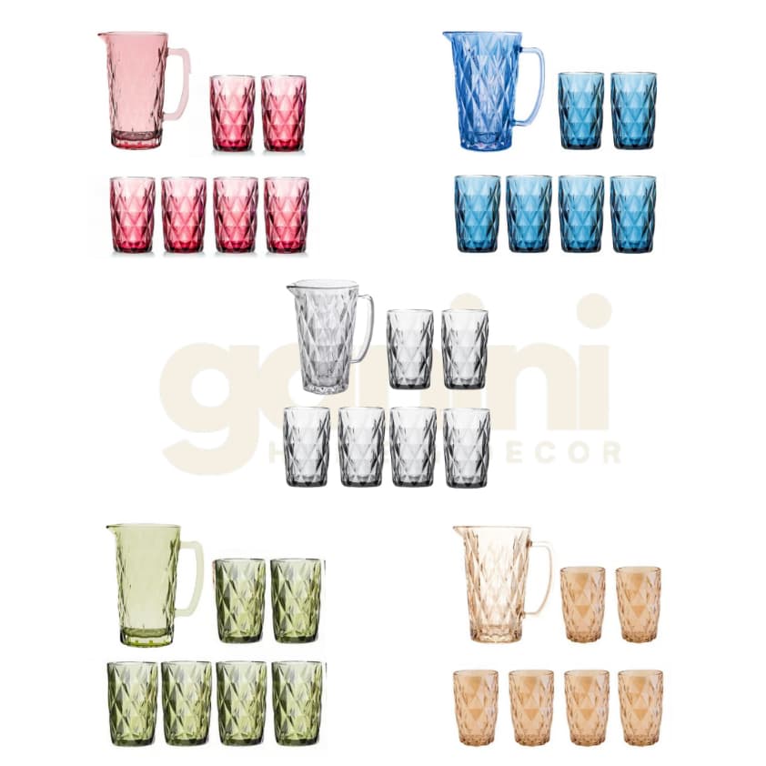 Kit 7 Peças 1 Jarra de Vidro 1 L + 6 Copos de 340ml Diamond cores, Água Suco...