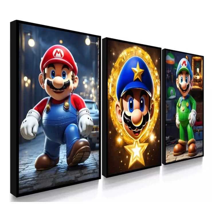 Quadro Deorativo Super Mario Game Nitendo 3 Peças sala Quarto Escritório