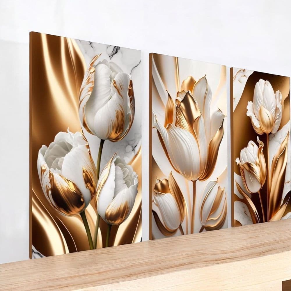 quadro decorativo Flores tulipas brancas gold flor lançamanto