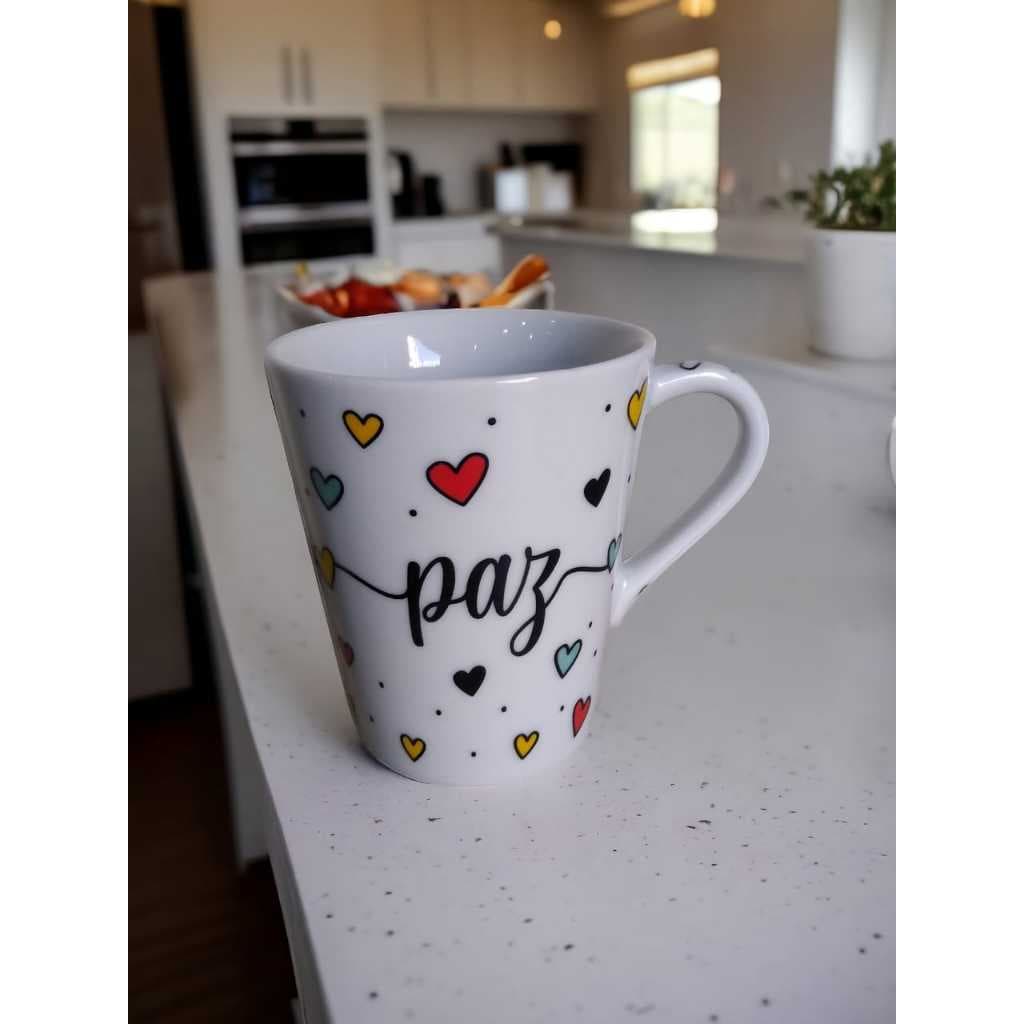 Caneca Porcelana Café Paz 300ml Conica Tulipa Branca