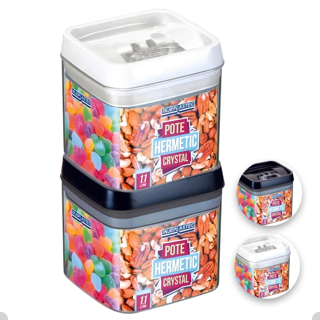Kit Com 2 Potes Herméticos de Acrílico Quadrado Pequeno Com Trava 1100ml