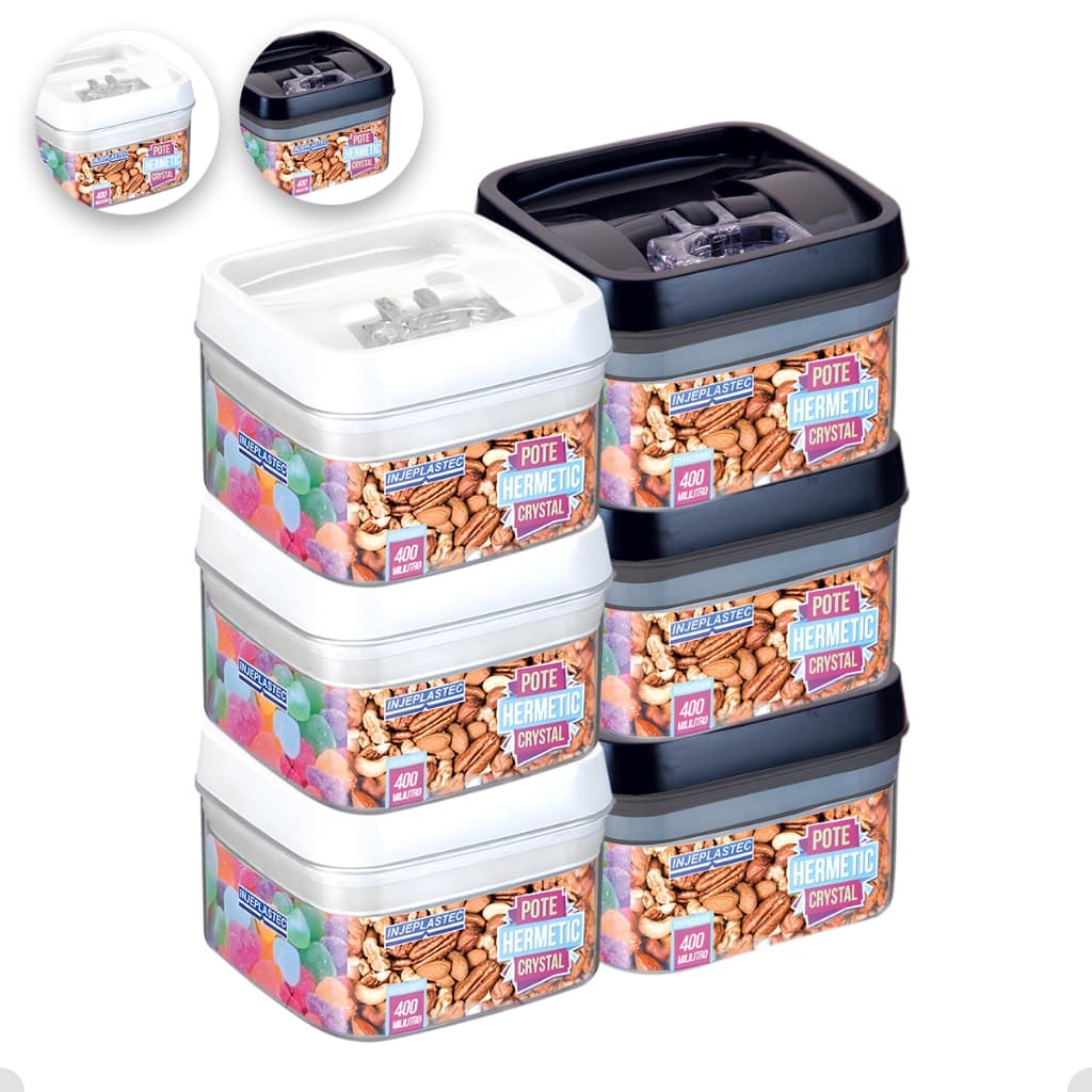 Kit Com 6 Potes Herméticos Acrílico Quadrado Pequeno Com Trava 400 Ml