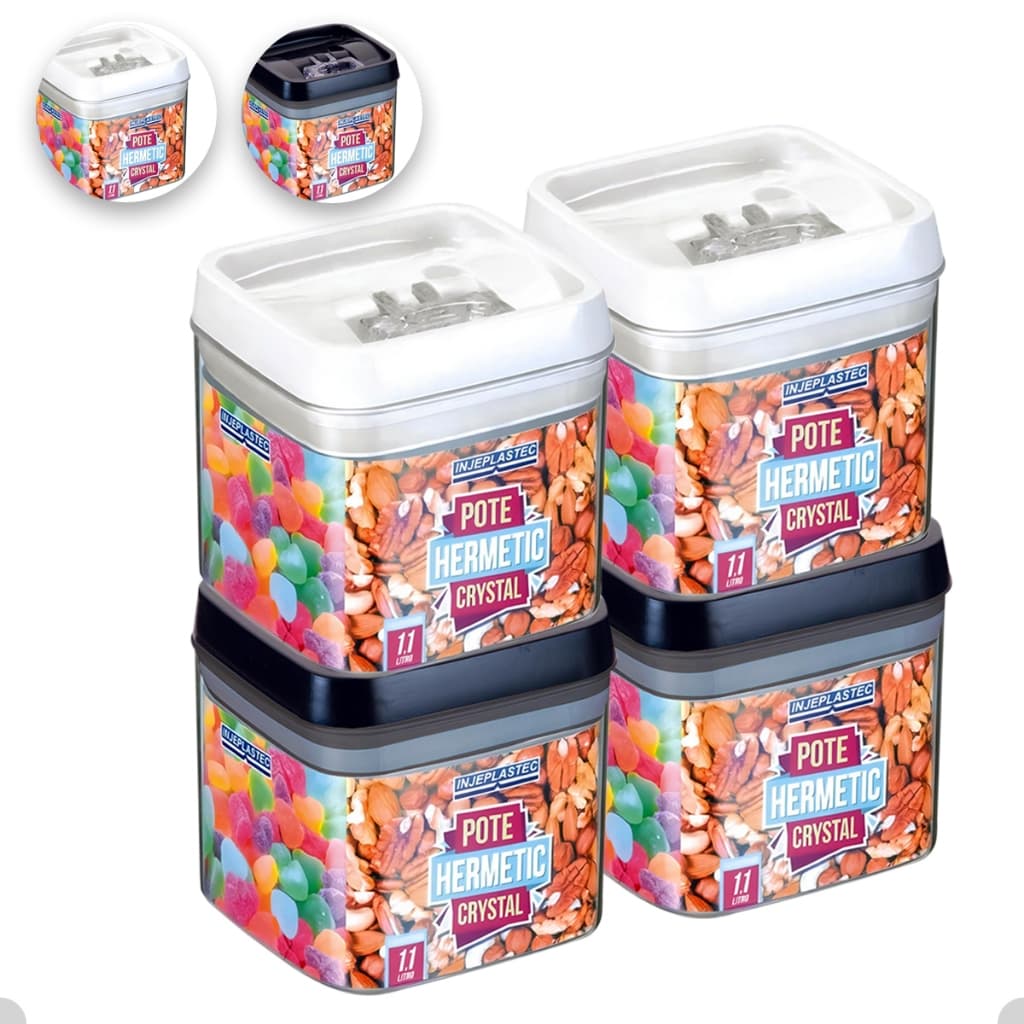 Kit Com 4 Potes Herméticos de Acrílico Quadrado Pequeno Com Trava 1100ml