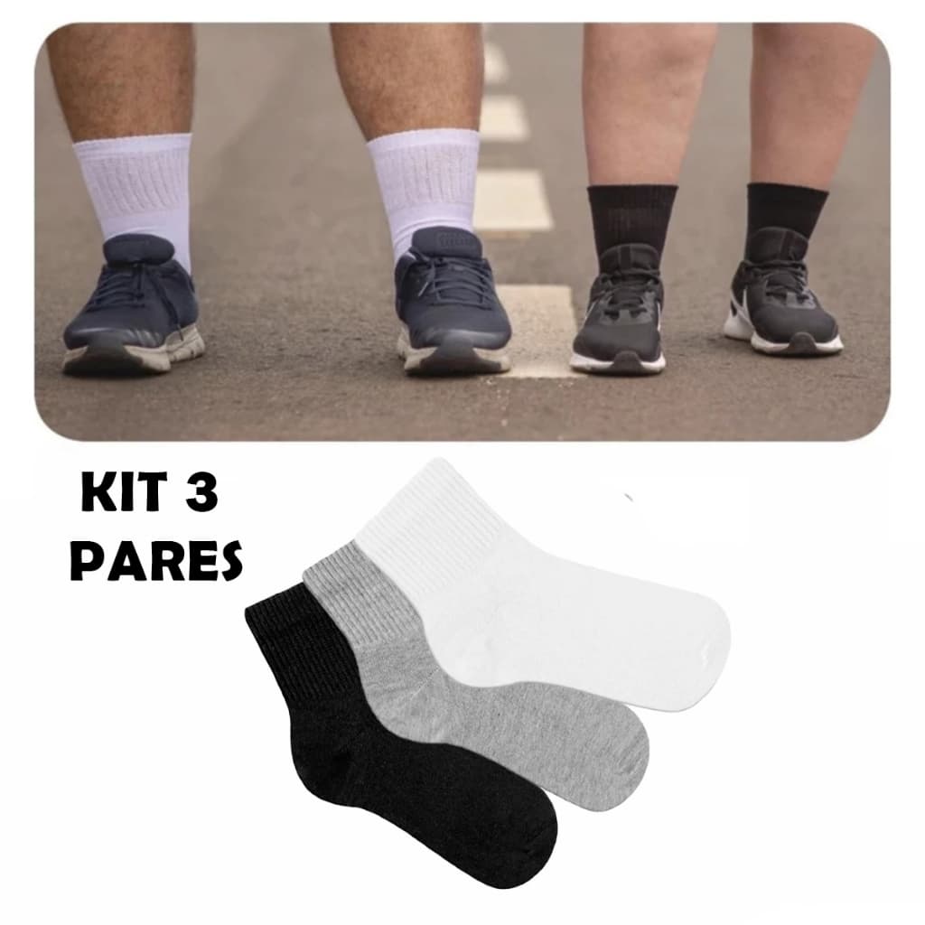 Kit 03 Pares Meias Plus Size Cano Médio Canela Gorda Larga Grande Grossa Não Aperta Algodão Unissex