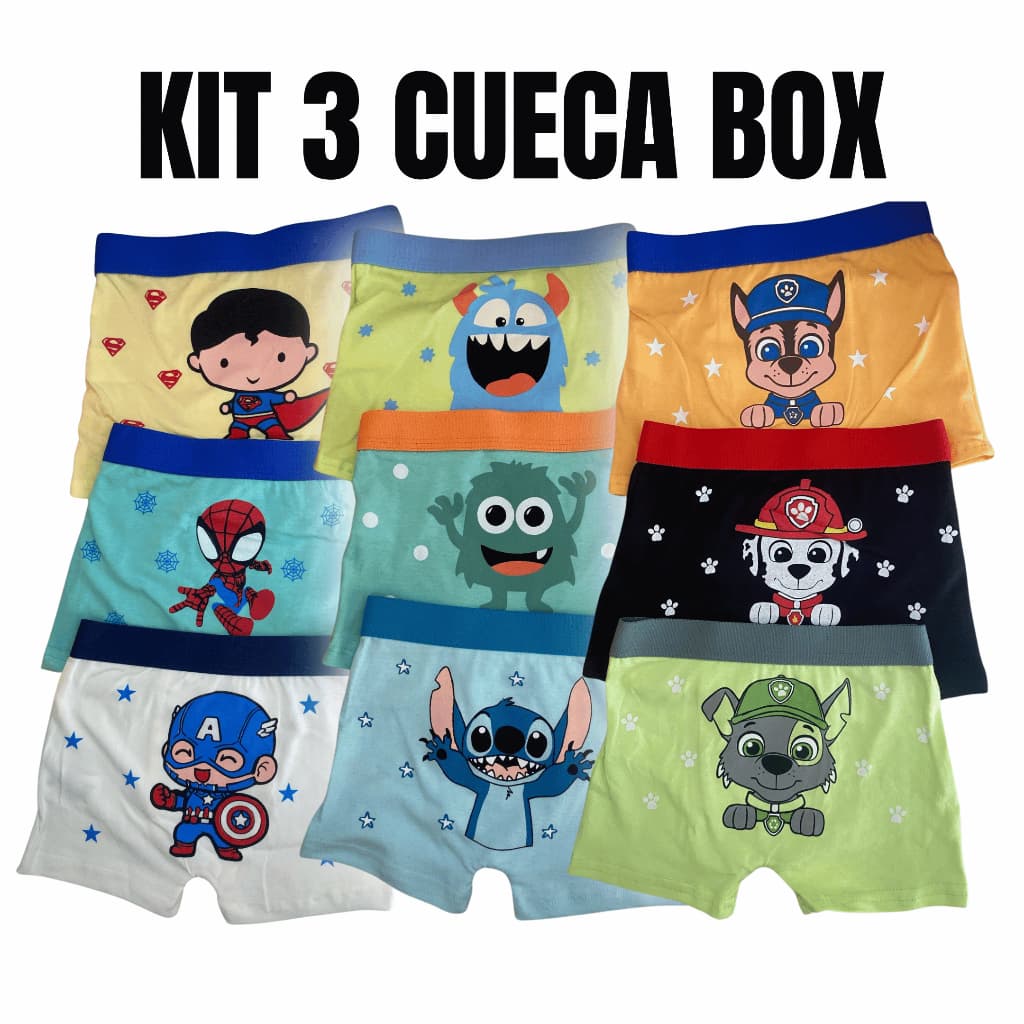 Kit 3 Peças Váriadas Cuecas Masculinas Infantis Modelo Penteado Lindas Estampas
