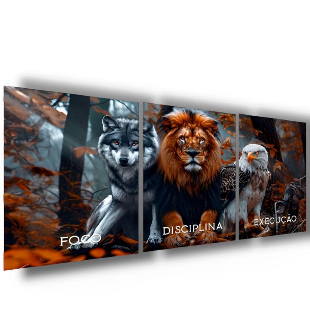 Quadro Decorativo Leão Águia Lobo Foco Disciplina Execução