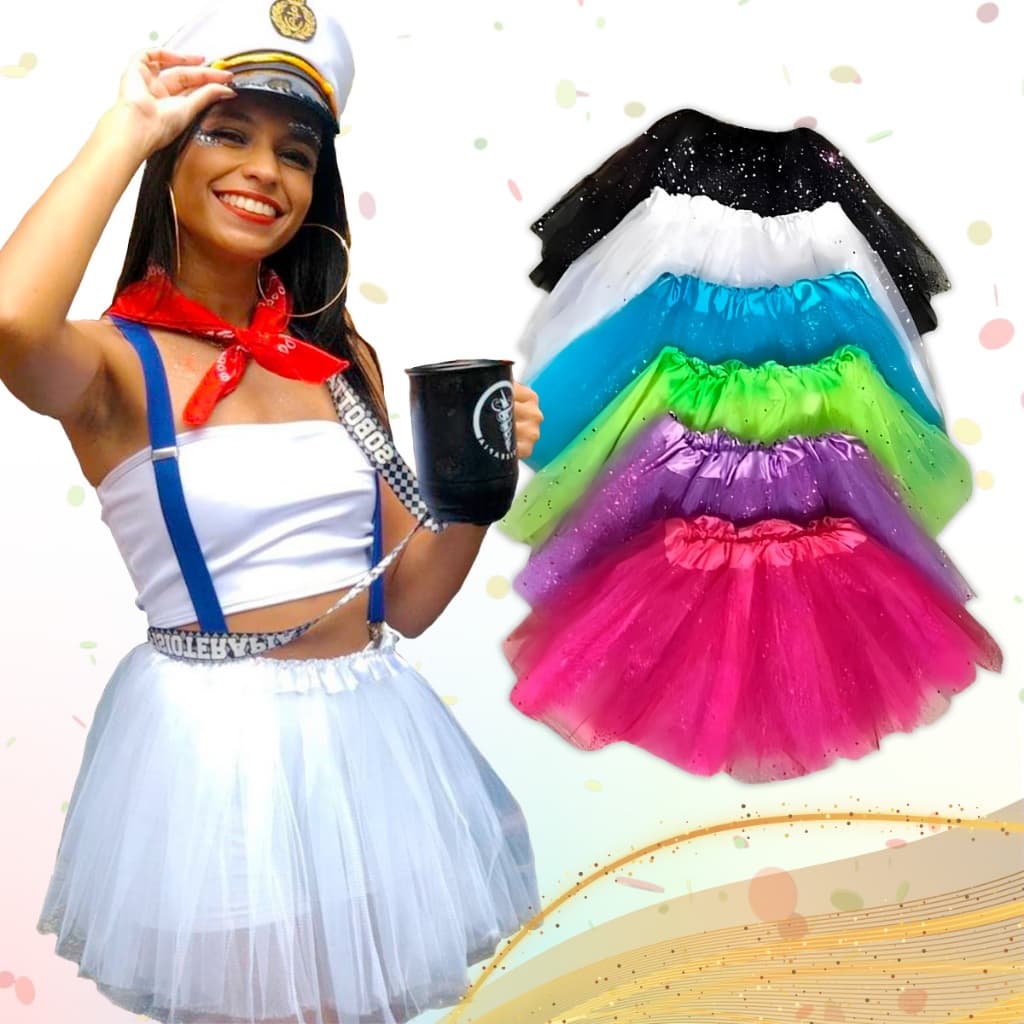 Saia de tule tutu Adulto e Infantil com glitter 30cm e 40cm colorida festa fantasia de carnaval