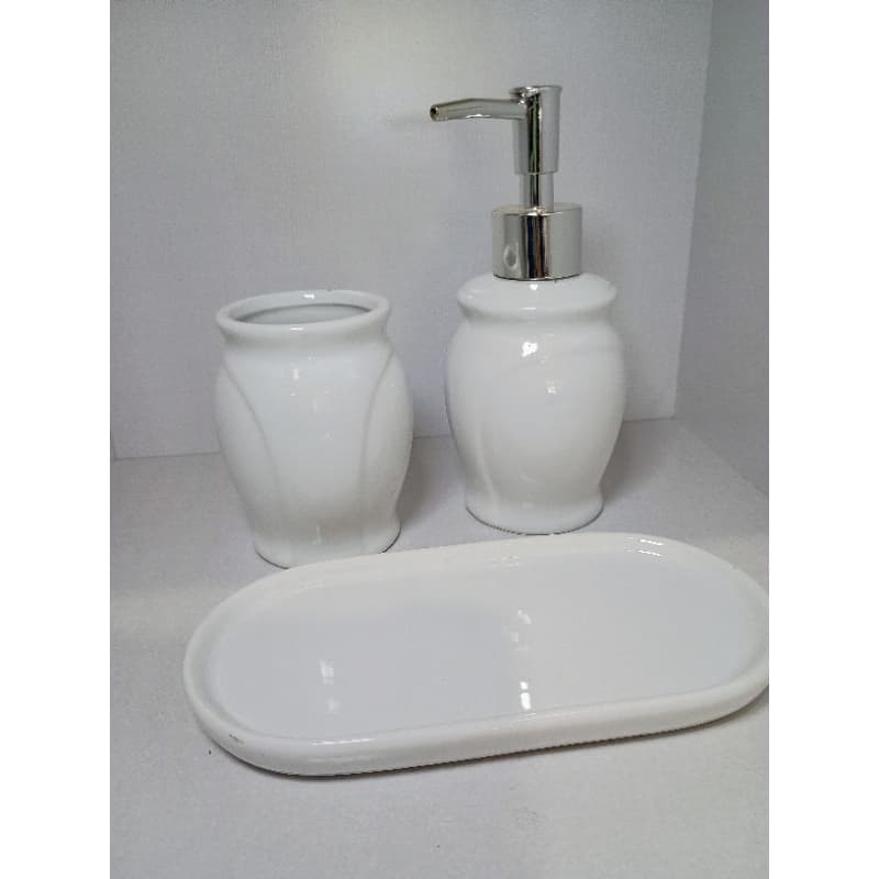 Conjunto Banheiro Sabonete e Difusor Cerâmica branco/prata 3 peças