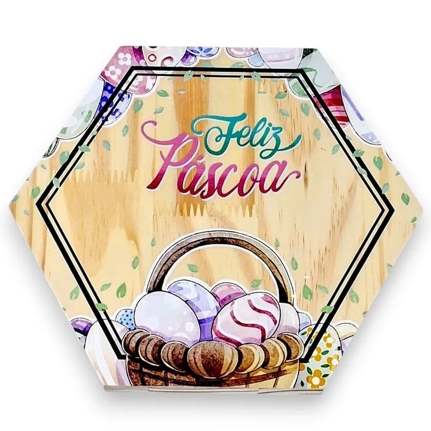 Tabua de Madeira Pinus Hexagonal - Feliz Páscoa