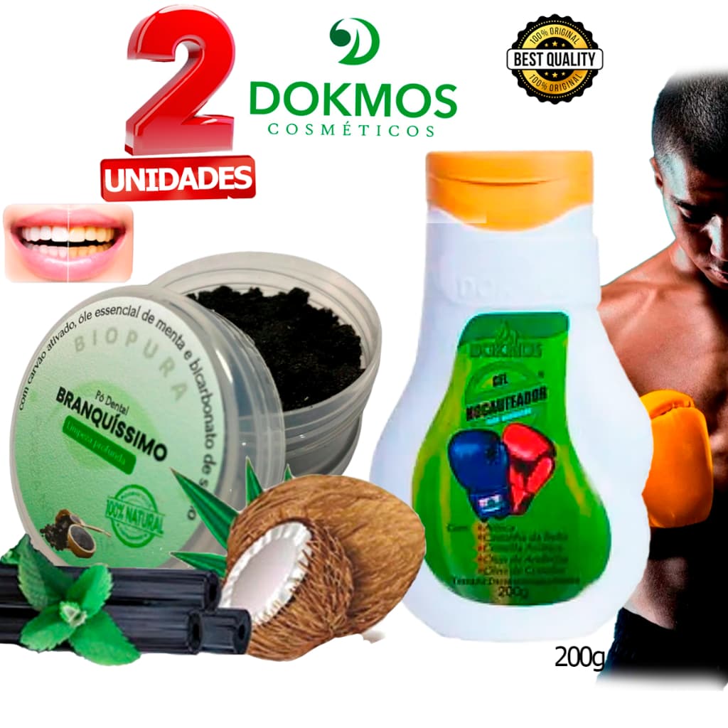 Kit Nocauteador Gel Massageador Dokmos 200g Dores Musculares +  Pó Dental Clareador Natural Carvão Ativado Branquissimo