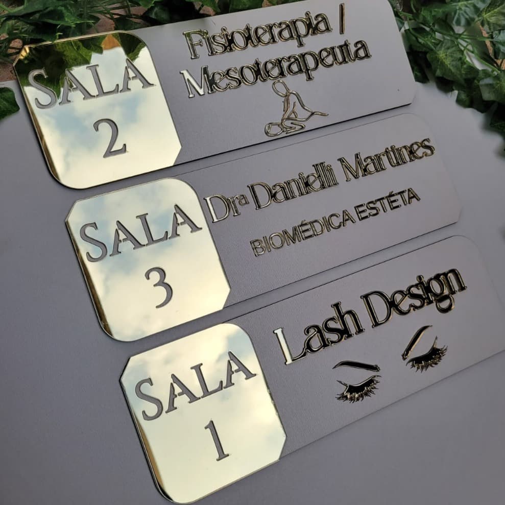 KIT 2 Placas Sinalização de Porta Mdf com Acrílico Espelhado Personalizada Identificação