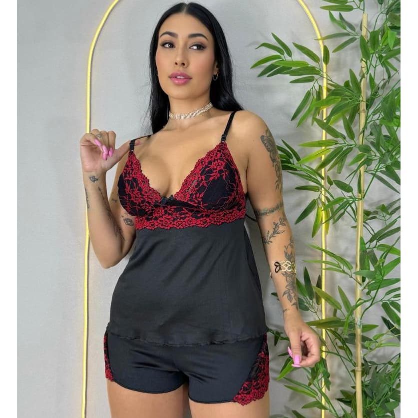 Pijama Feminino Baby Doll Alcinha Detalhe em renda Modelo Luxo