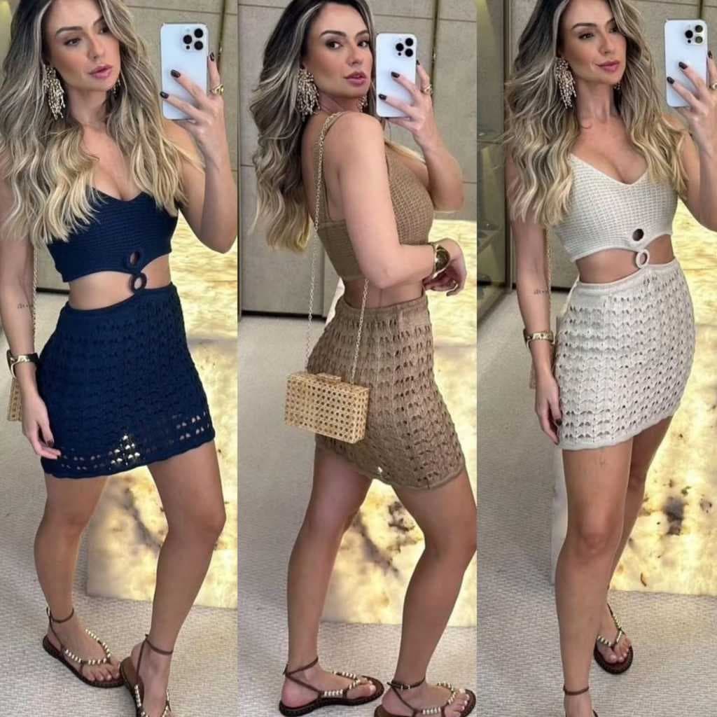 Vestido Curto Feminino Trico Vestido Curto Croche Mini Alça Midi Modal
