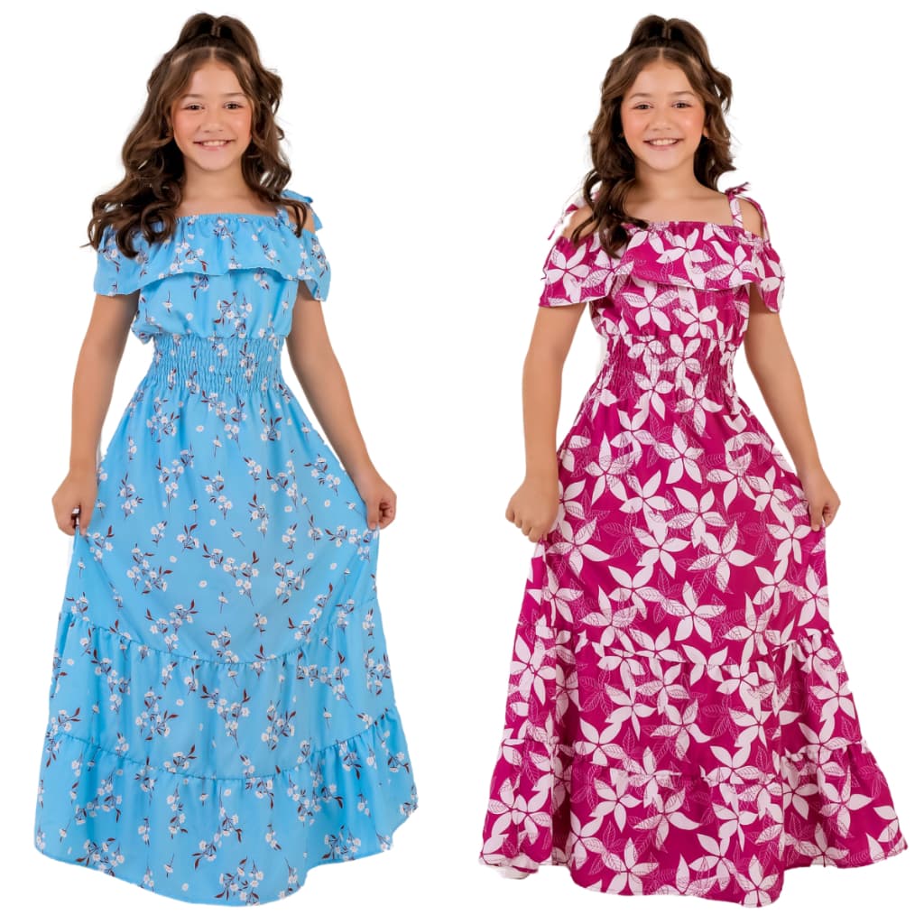 Kit 2 Vestidos Longo Ciganinha Adolescente Juvenil Estampado Elegante