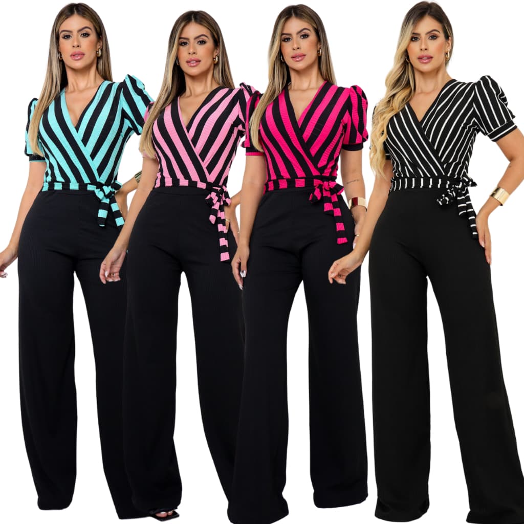 macacão feminino blusa listrada manga curta calça pantalona social malha canelada  cinto fixo MACACÃO MC