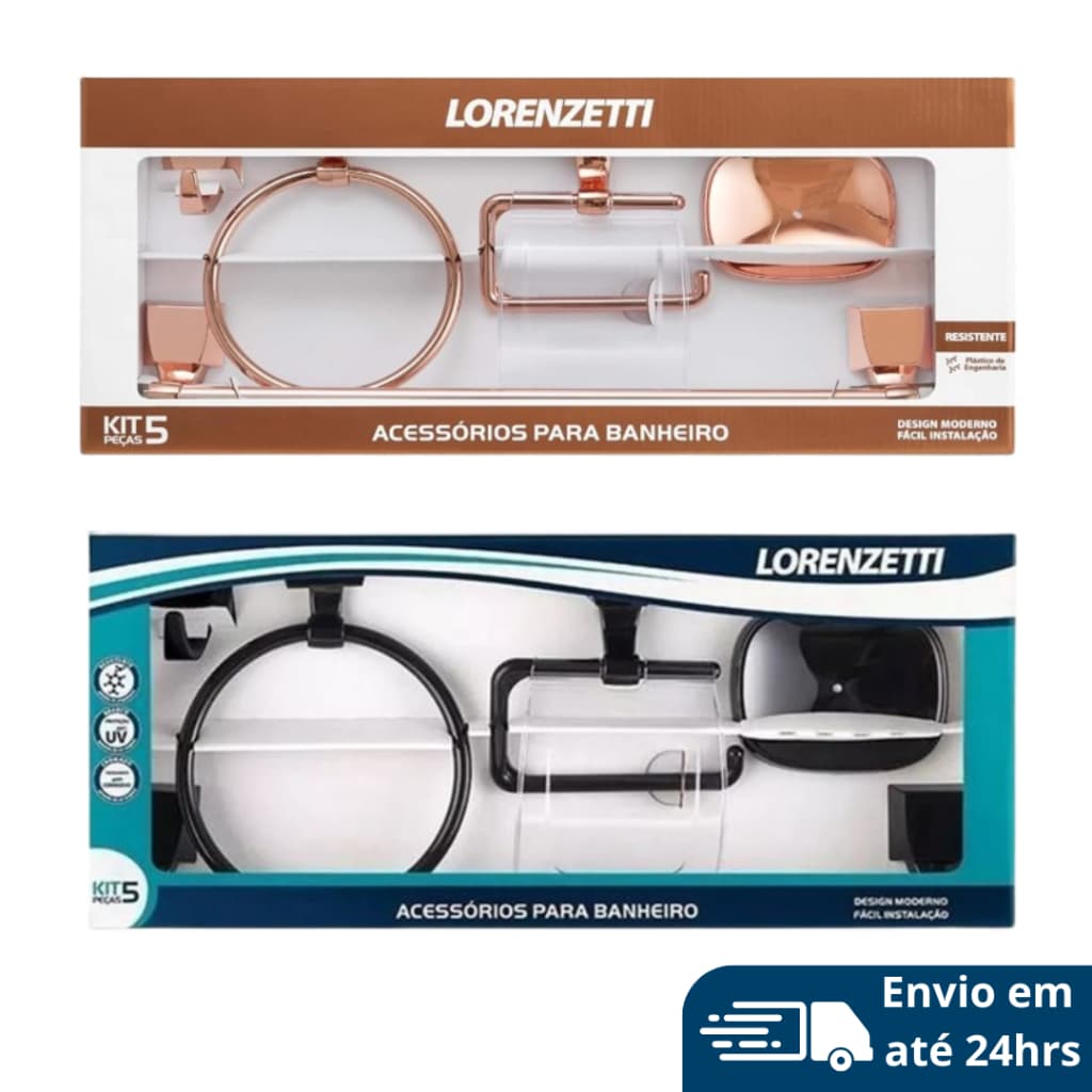Kit Acessórios De Banheiro Com 5pçs - Saboneteira, Papeleira, Toalheiro, Cabide - Preto - Rosê Gold