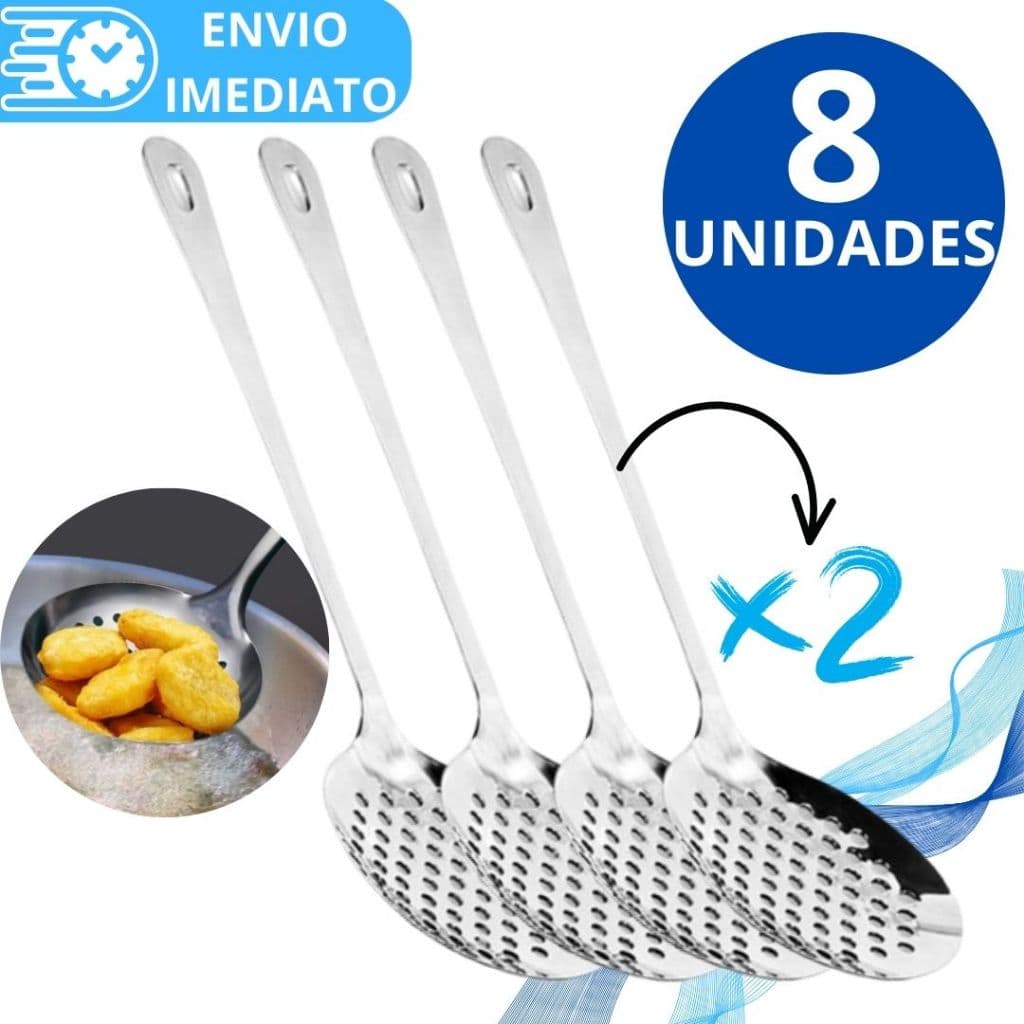 KIT 2/8 Unid Escumadeira Para Fritura Arroz Massas Em Aço Inox Original Super Resistente Para Casa Cozinha Restaurante