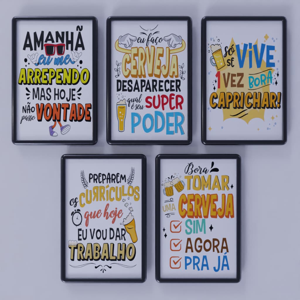 Kit de 5 Quadros Decorativos Cerveja Area Churrasqueira - Decoração de Parede com Moldura PS 30x20cm