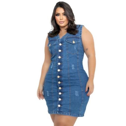 Vestido jeans plus size estica lycra com botões