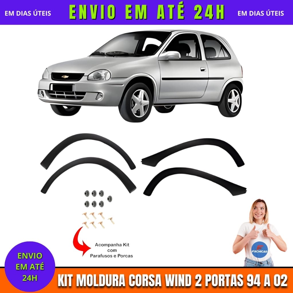 Kit 4 Moldura Para-lama + Parafuso + Porcas Corsa Wind 2 portas Super 4 portas 94 99  2002 Jogo 4 Pç