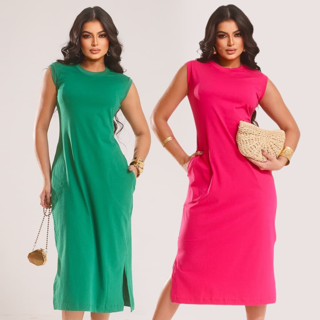 Kit 2 Vestido Midi Básico Cavado Sem Manga Fenda Lateral Bolso Babado Moda Elegante Moda Soltinho